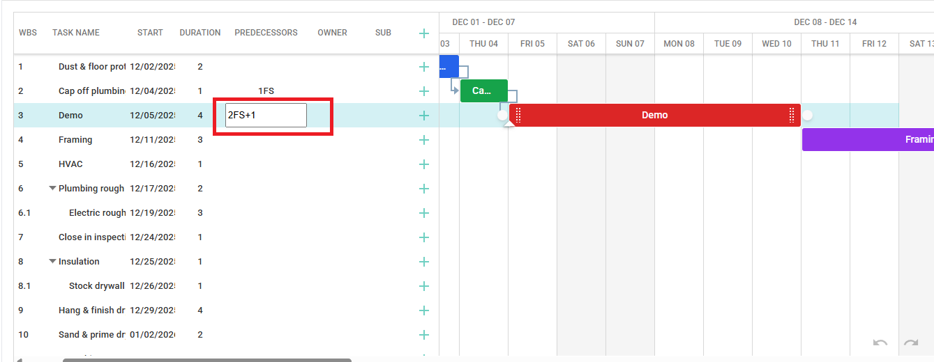 Editing predecessor text with lag notation